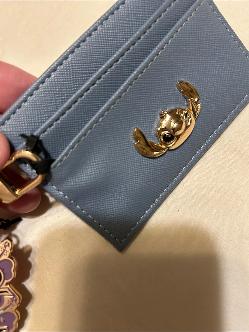 Disney Blue Card Holder Keychain with Gold Crab Charm and Purple Flower Tag